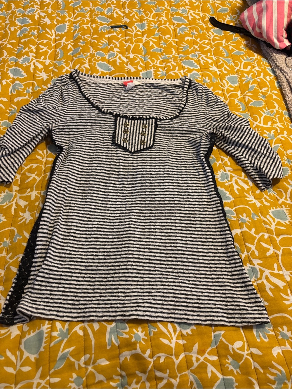 Anthropologie Paper Locket Top Striped Lace Buttons Ruched - Picture 2 of 4